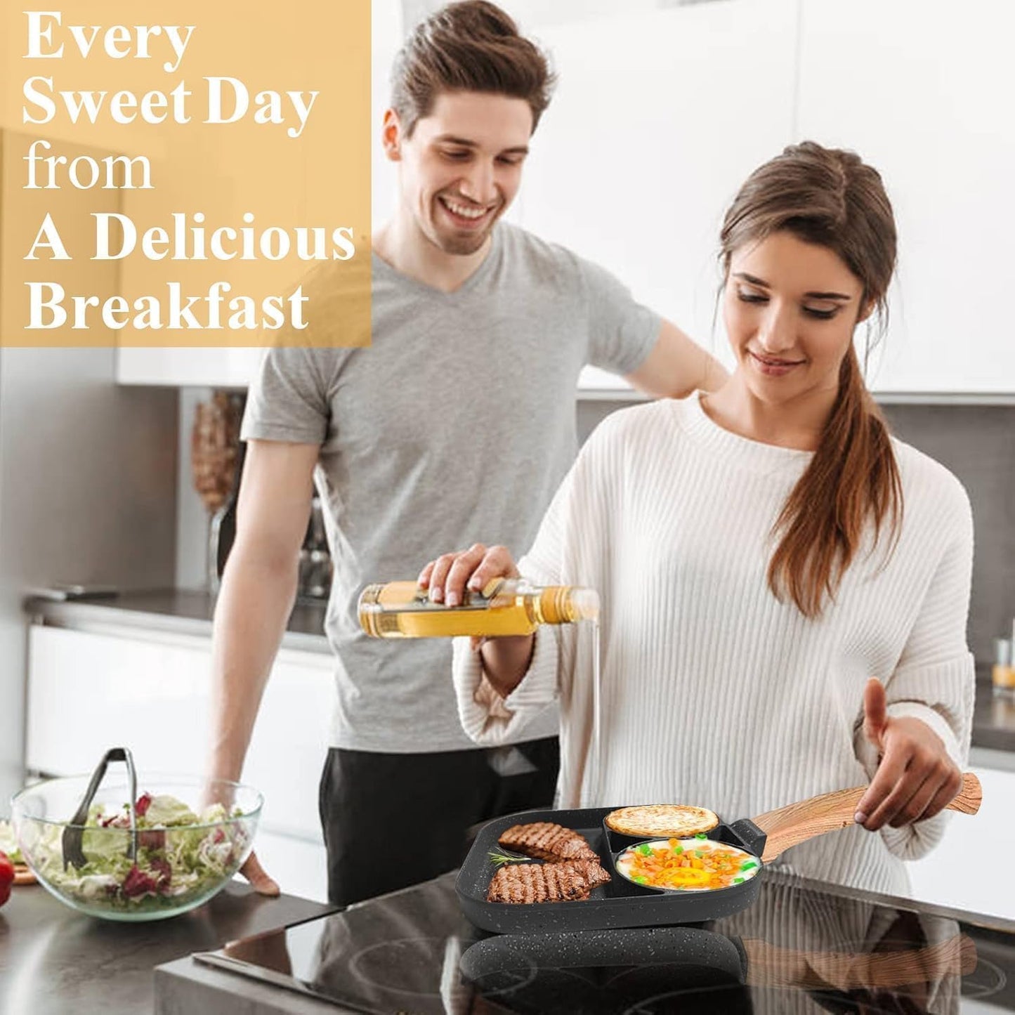 Trade Kite Non-Stick Egg Frying Pan 3 Section – Aluminium Pancake Skillet with Maifan Stone Coating – Breakfast Pan for Eggs, Burgers, Steak – Induction, Gas & Electric Stove Compatible