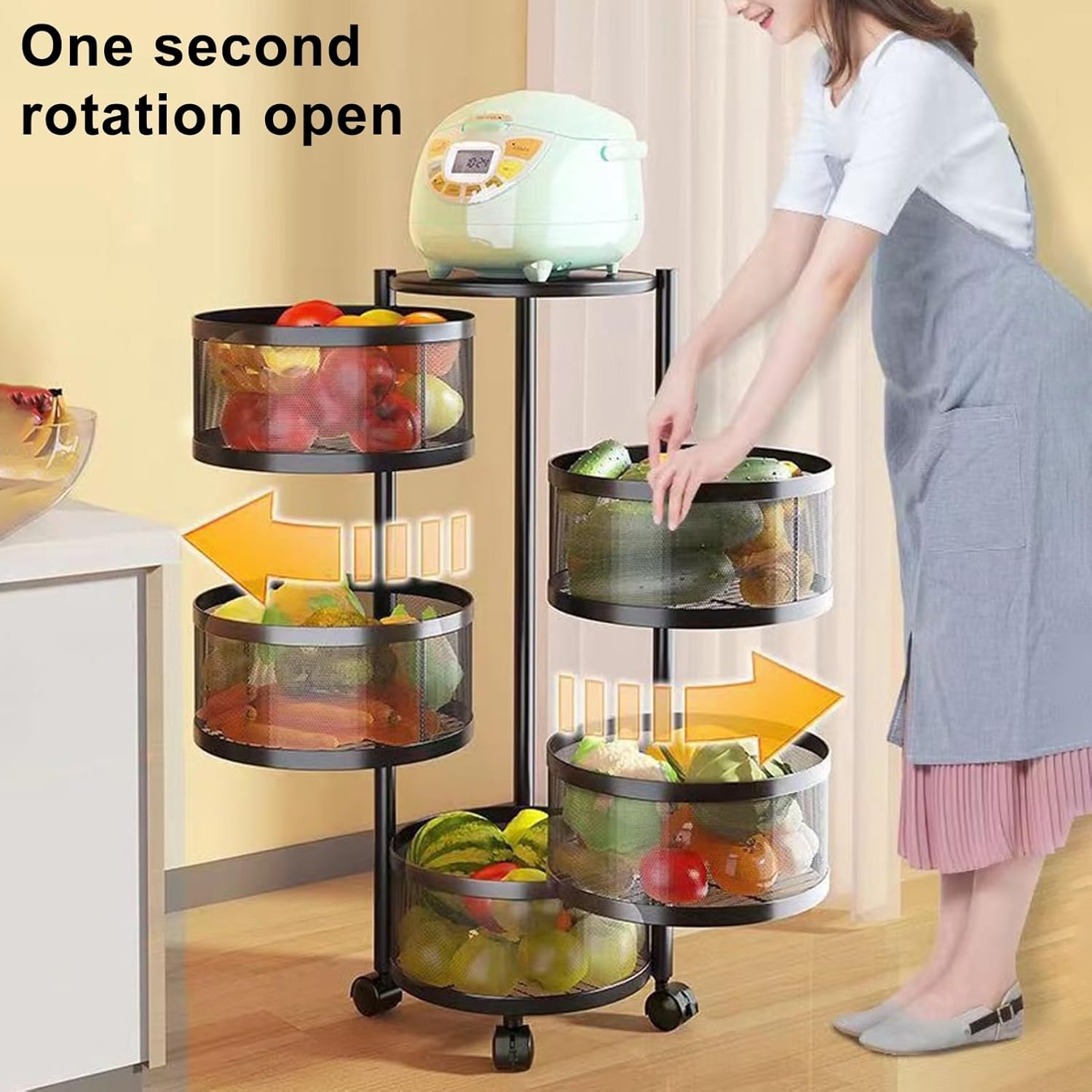 Rotating Storage Rack for Kitchen, Fruit and Vegetable Basket Bowls for Kitchen with Metal Top Lid, 5 Tier Circular Rotating Basket Large Storage Rack with Wheels, Wire Basket Organizer Blac