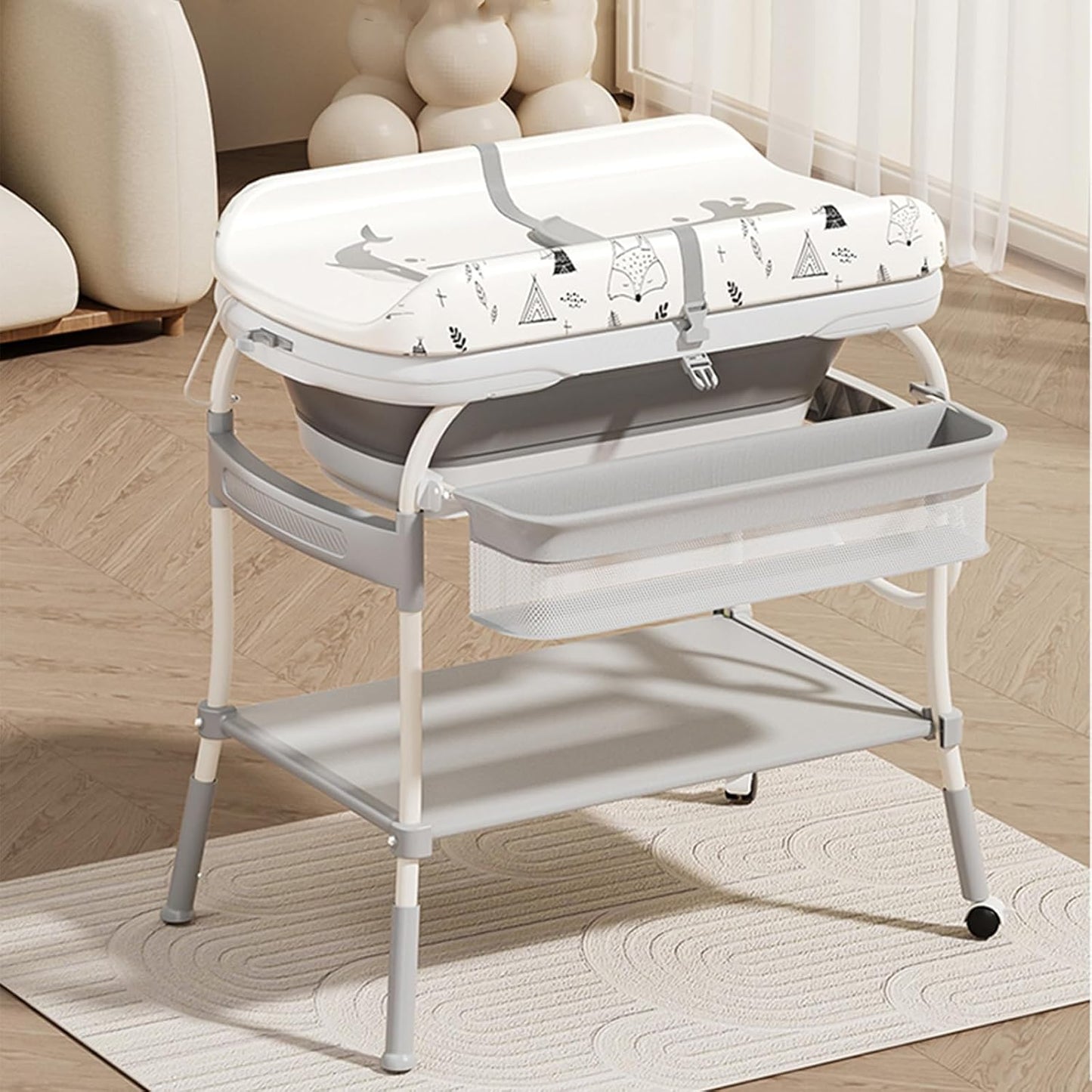PandaEar 2-in-1 Baby Bathtub & Changing Table, Adjustable Height Folding Diaper Station Waterproof Pad with Storage Rack & Wheels, Baby Bath Tub with Thermometer