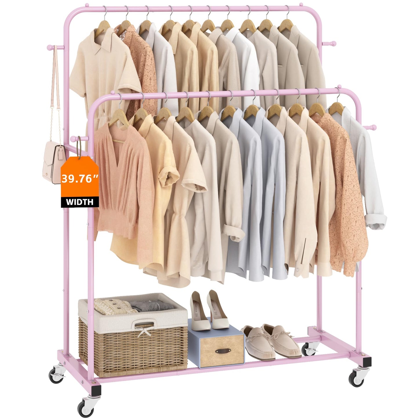 Laiensia Double Rods Garment Rack with Wheels, Clothing Rack for Hanging Clothes,4 Hooks, Multi-functional Bedroom Clothes Rack, Black