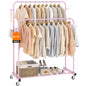 Laiensia Double Rods Garment Rack with Wheels, Clothing Rack for Hanging Clothes,4 Hooks, Multi-functional Bedroom Clothes Rack, Black