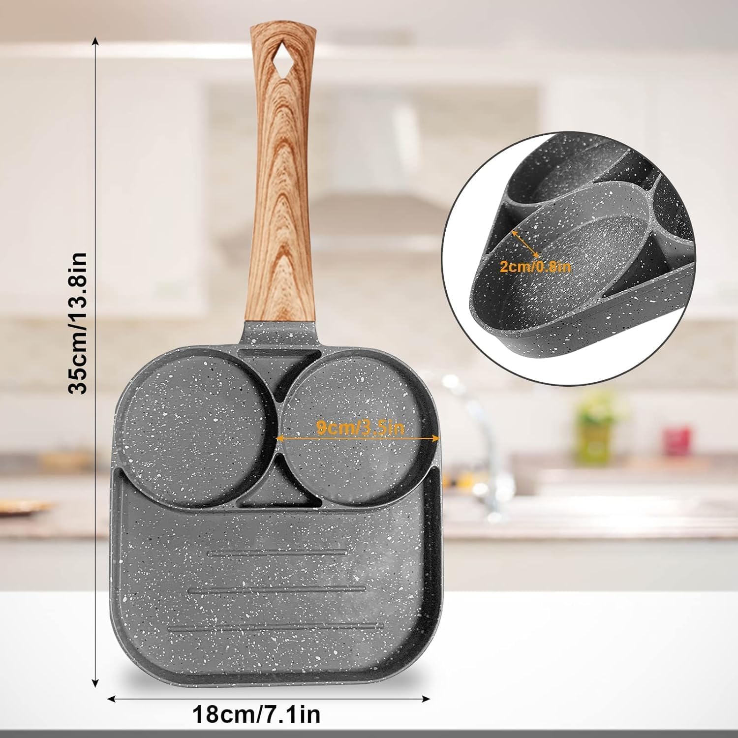 Trade Kite Non-Stick Egg Frying Pan 3 Section – Aluminium Pancake Skillet with Maifan Stone Coating – Breakfast Pan for Eggs, Burgers, Steak – Induction, Gas & Electric Stove Compatible