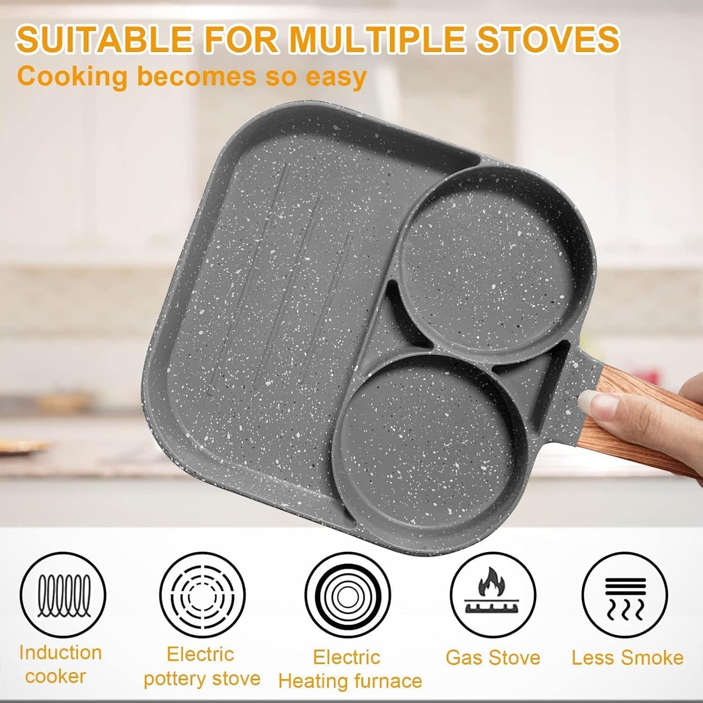 Trade Kite Non-Stick Egg Frying Pan 3 Section – Aluminium Pancake Skillet with Maifan Stone Coating – Breakfast Pan for Eggs, Burgers, Steak – Induction, Gas & Electric Stove Compatible