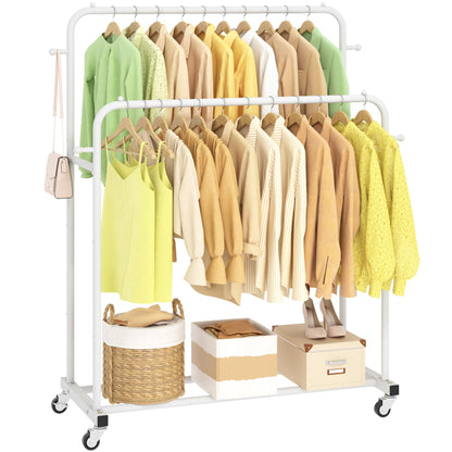 Laiensia Double Rods Garment Rack with Wheels, Clothing Rack for Hanging Clothes,4 Hooks, Multi-functional Bedroom Clothes Rack, Black