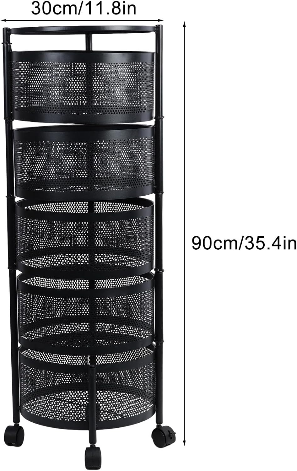 Rotating Storage Rack for Kitchen, Fruit and Vegetable Basket Bowls for Kitchen with Metal Top Lid, 5 Tier Circular Rotating Basket Large Storage Rack with Wheels, Wire Basket Organizer Blac