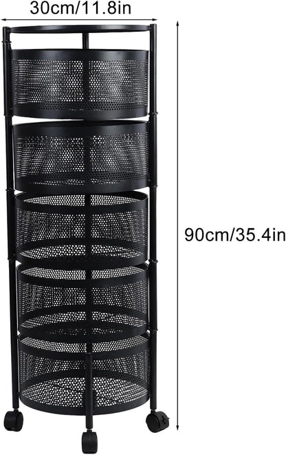 Rotating Storage Rack for Kitchen, Fruit and Vegetable Basket Bowls for Kitchen with Metal Top Lid, 5 Tier Circular Rotating Basket Large Storage Rack with Wheels, Wire Basket Organizer Blac