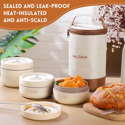 Dandat 3 Pcs Portable Insulated Lunch Container Set for Adult, Stackable Stainless Steel Bento Box for Hot Food with Insulated Lunch Bag Unisex 3 Separate Thermal Food Container(Beige)