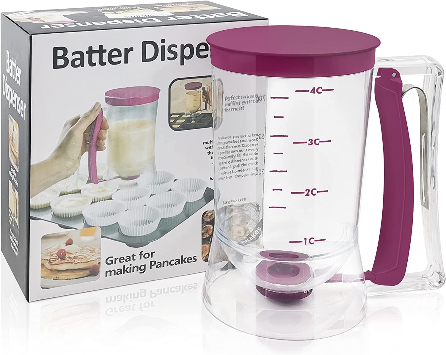 Pancake Cupcake Batter Dispenser, Bakeware Maker with Measuring Label, Perfect Baking Tool for Cupcakes, Waffles, Muffin Mix, Cake or Any Baked Goods