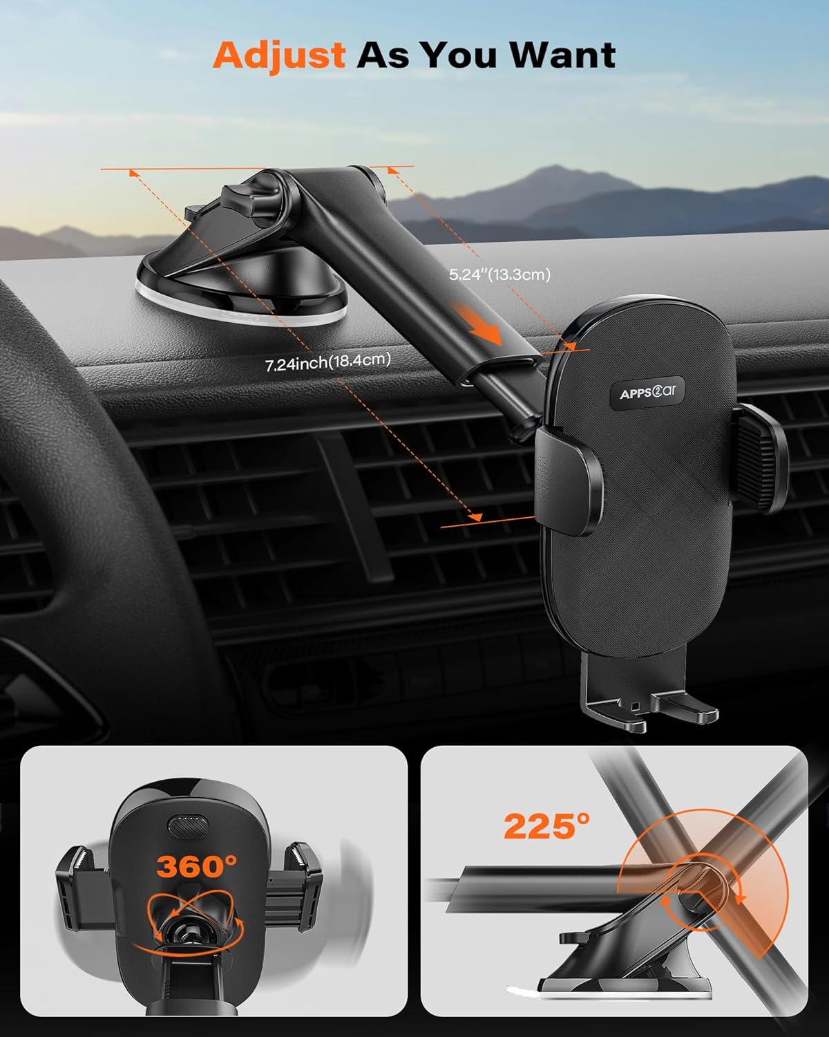 APPS2Car Car Phone Holder,Car Phone Holder Windscreen Mount,Universal Mobile Phone Holder for Cars Dashboard,360° Rotation Hands-Free in Car Phone Cradle,for iPhone 15/14/13/12/11 Samsung S21,etc