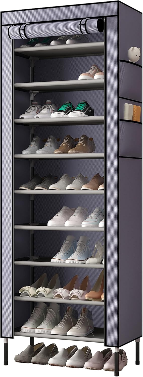 S203 10 Tiers 16mm Extra Thicken Poles Sturdy Shoe Cabinet Tower Storage Organizer Shoe Rack Stand 60 x 28 x 170cm with Extra Thicken 420D Oxford Fabric Dustproof Cover Hold Up To 30 Pairs