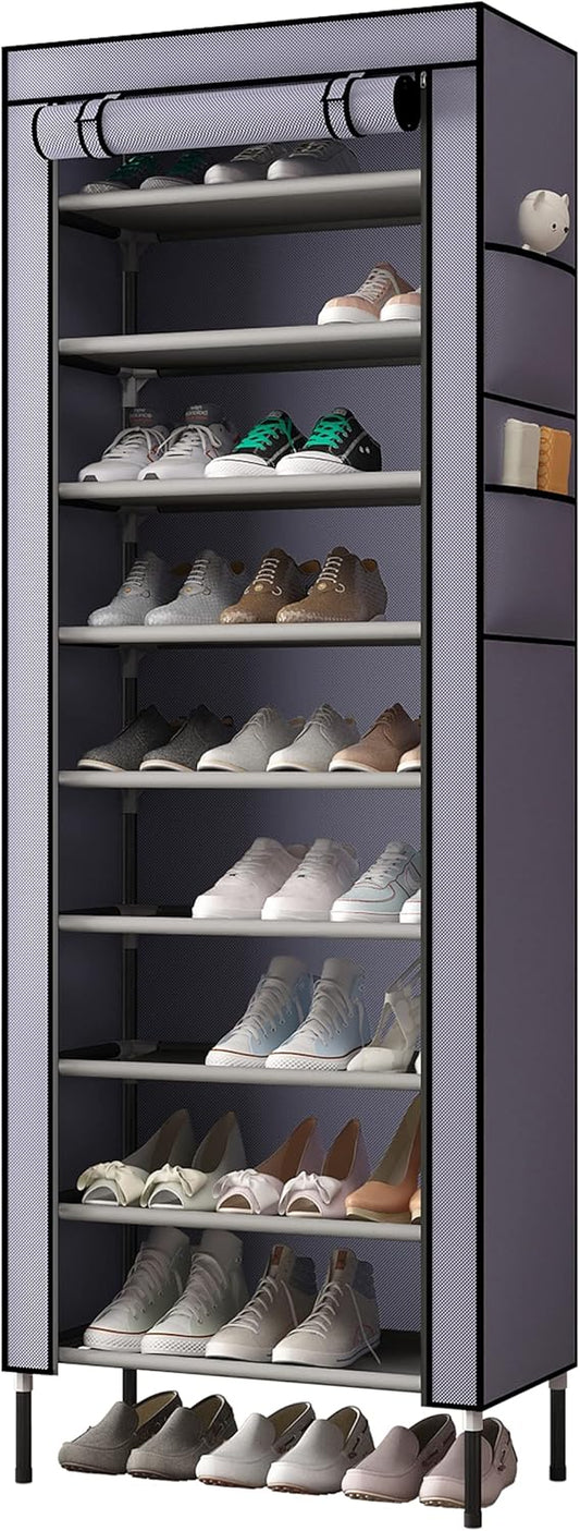 S203 10 Tiers 16mm Extra Thicken Poles Sturdy Shoe Cabinet Tower Storage Organizer Shoe Rack Stand 60 x 28 x 170cm with Extra Thicken 420D Oxford Fabric Dustproof Cover Hold Up To 30 Pairs