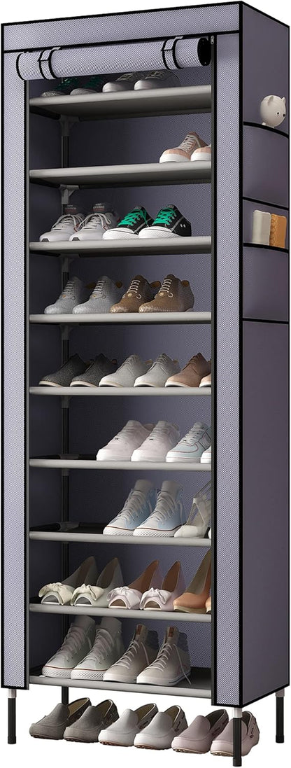 S203 10 Tiers 16mm Extra Thicken Poles Sturdy Shoe Cabinet Tower Storage Organizer Shoe Rack Stand 60 x 28 x 170cm with Extra Thicken 420D Oxford Fabric Dustproof Cover Hold Up To 30 Pairs