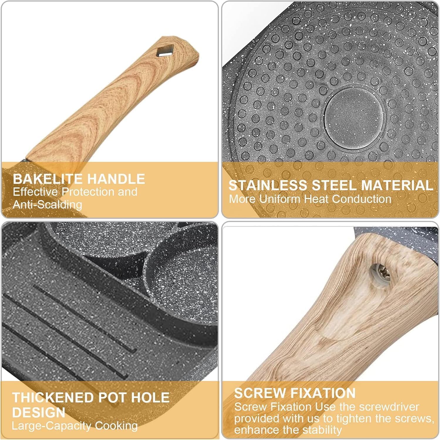 Trade Kite Non-Stick Egg Frying Pan 3 Section – Aluminium Pancake Skillet with Maifan Stone Coating – Breakfast Pan for Eggs, Burgers, Steak – Induction, Gas & Electric Stove Compatible
