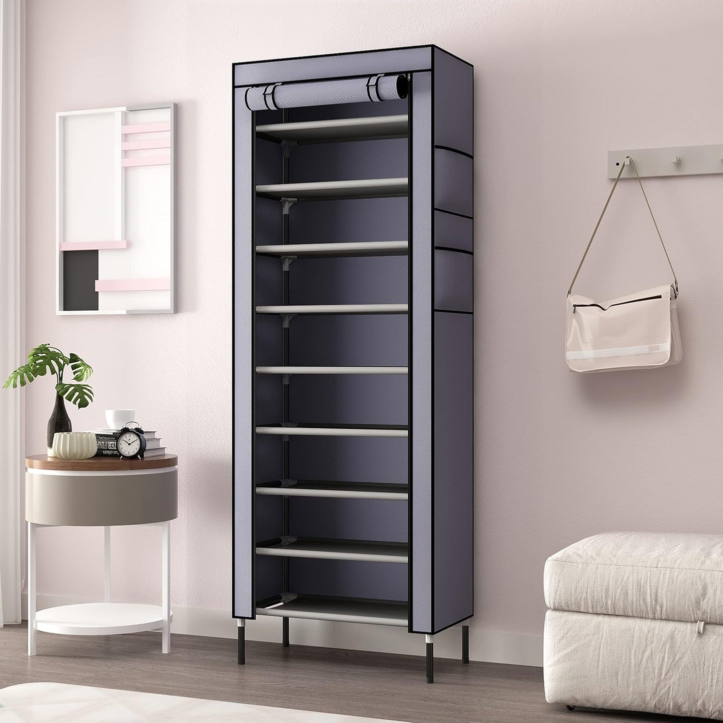 S203 10 Tiers 16mm Extra Thicken Poles Sturdy Shoe Cabinet Tower Storage Organizer Shoe Rack Stand 60 x 28 x 170cm with Extra Thicken 420D Oxford Fabric Dustproof Cover Hold Up To 30 Pairs