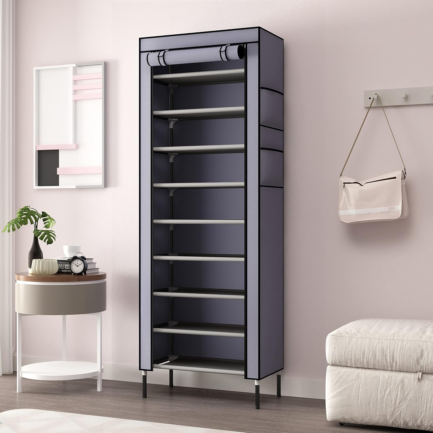 S203 10 Tiers 16mm Extra Thicken Poles Sturdy Shoe Cabinet Tower Storage Organizer Shoe Rack Stand 60 x 28 x 170cm with Extra Thicken 420D Oxford Fabric Dustproof Cover Hold Up To 30 Pairs