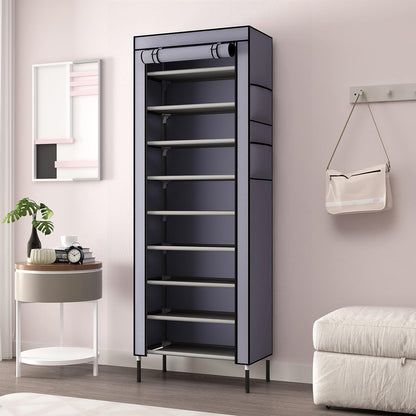 S203 10 Tiers 16mm Extra Thicken Poles Sturdy Shoe Cabinet Tower Storage Organizer Shoe Rack Stand 60 x 28 x 170cm with Extra Thicken 420D Oxford Fabric Dustproof Cover Hold Up To 30 Pairs