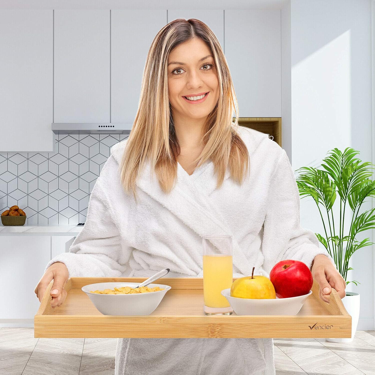 Vencier Bamboo Serving Trays - Set of 3 | Wooden Platters | Raised Edges & Lightweight | Perfect for Breakfast in Bed & Tea | Board with Handles