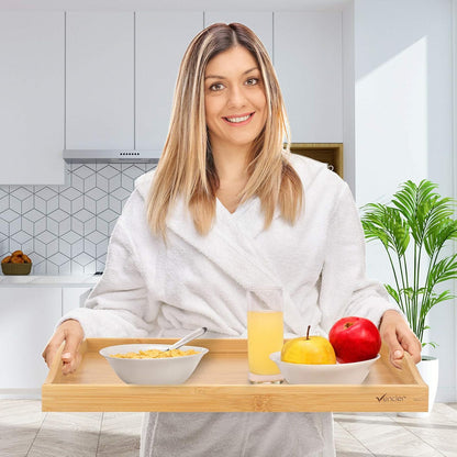Vencier Bamboo Serving Trays - Set of 3 | Wooden Platters | Raised Edges & Lightweight | Perfect for Breakfast in Bed & Tea | Board with Handles