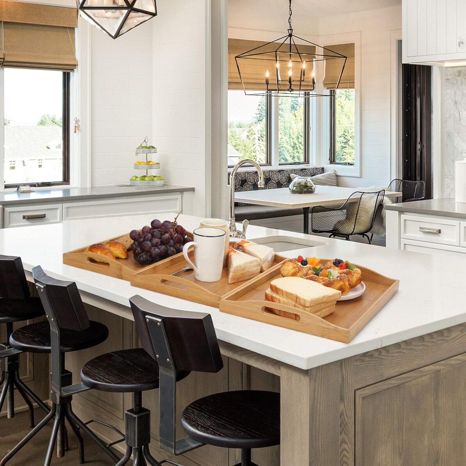 Vencier Bamboo Serving Trays - Set of 3 | Wooden Platters | Raised Edges & Lightweight | Perfect for Breakfast in Bed & Tea | Board with Handles