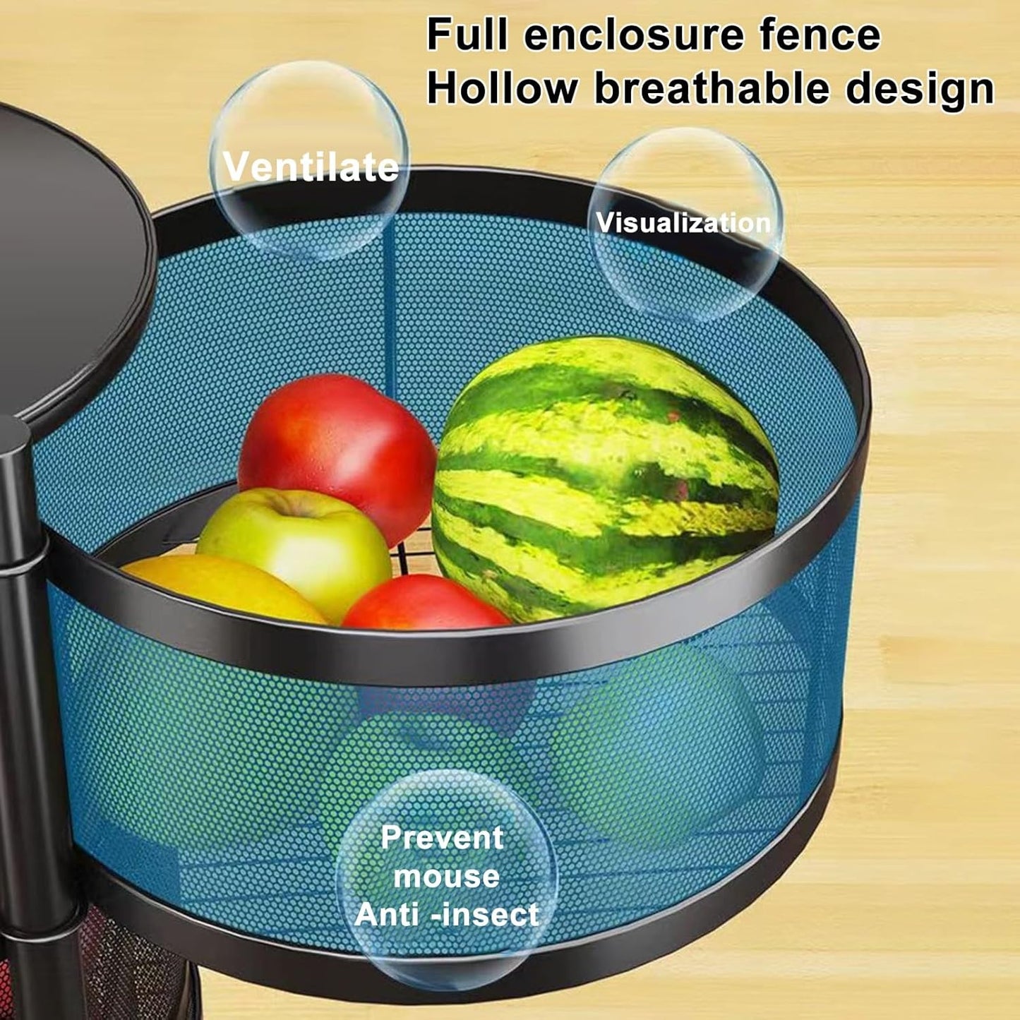 Rotating Storage Rack for Kitchen, Fruit and Vegetable Basket Bowls for Kitchen with Metal Top Lid, 5 Tier Circular Rotating Basket Large Storage Rack with Wheels, Wire Basket Organizer Blac