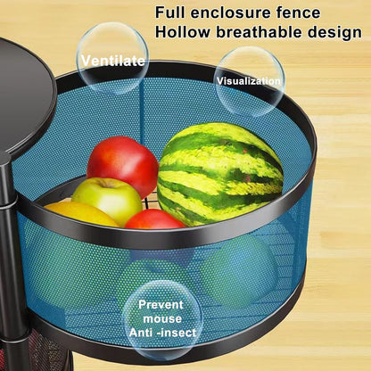 Rotating Storage Rack for Kitchen, Fruit and Vegetable Basket Bowls for Kitchen with Metal Top Lid, 5 Tier Circular Rotating Basket Large Storage Rack with Wheels, Wire Basket Organizer Blac