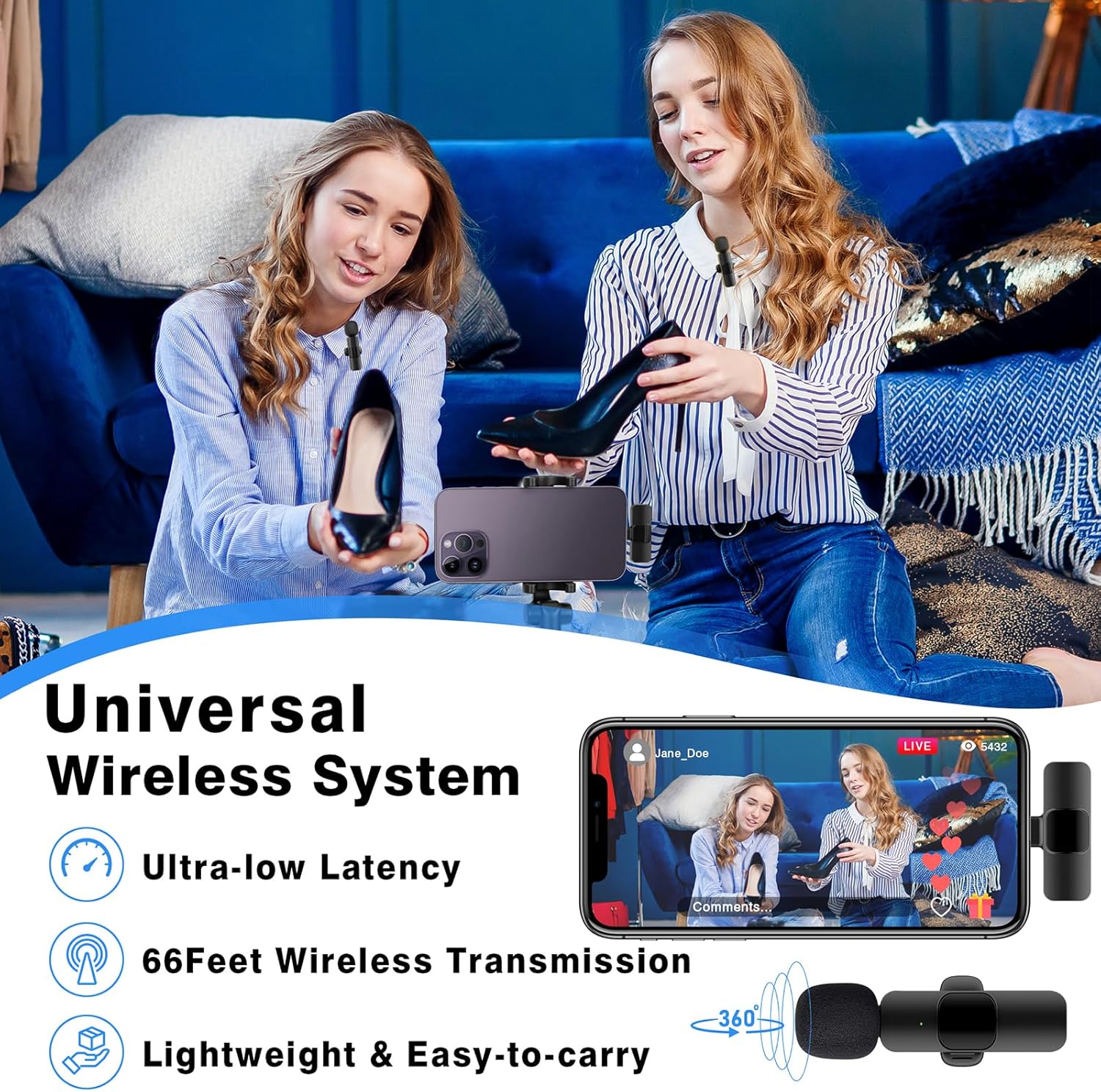 Wireless Microphone for iPhone, iPad, Cordless Lavalier Lapel Omnidirectional Condenser Recording Mic for Video Recording, Live Streaming, Interview Podcast Vlog YouTube Tiktok(2 Pack)