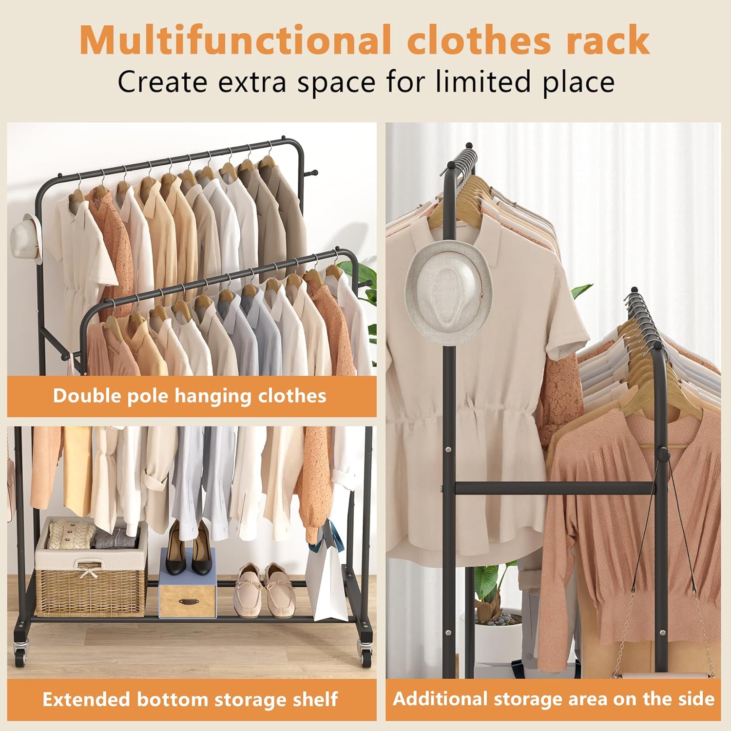 Laiensia Double Rods Garment Rack with Wheels, Clothing Rack for Hanging Clothes,4 Hooks, Multi-functional Bedroom Clothes Rack, Black