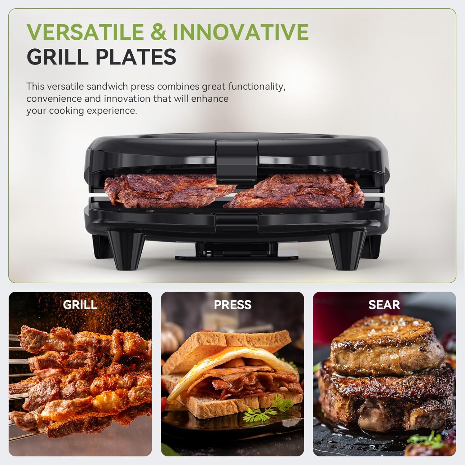 Snailar 2 Slice Sandwich Toaster with Grill Plates, Non-Stick, PFOA Free, Cool Touch Handle, 750W, Black