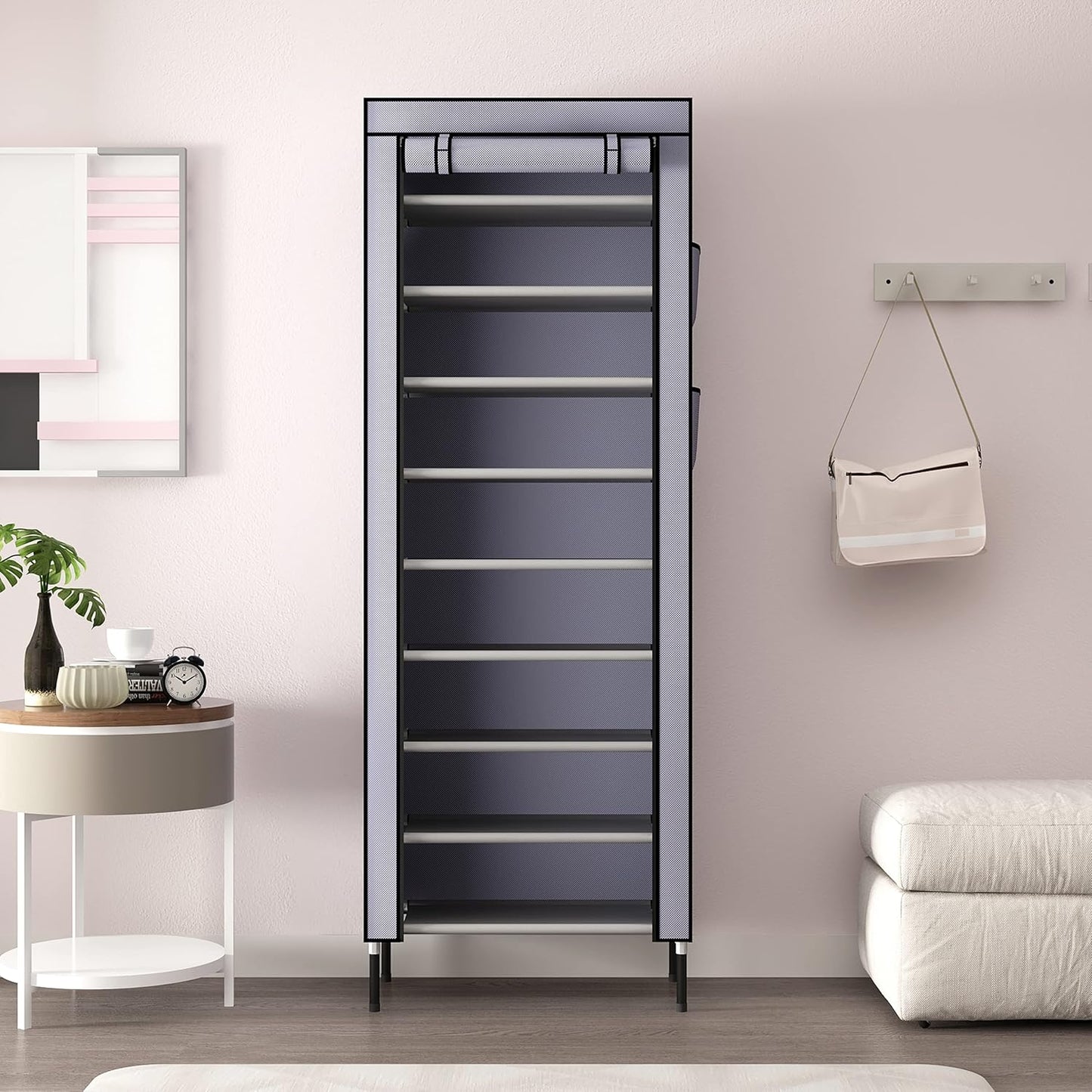 S203 10 Tiers 16mm Extra Thicken Poles Sturdy Shoe Cabinet Tower Storage Organizer Shoe Rack Stand 60 x 28 x 170cm with Extra Thicken 420D Oxford Fabric Dustproof Cover Hold Up To 30 Pairs
