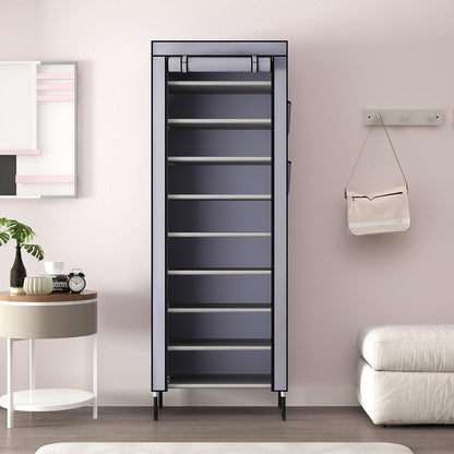 S203 10 Tiers 16mm Extra Thicken Poles Sturdy Shoe Cabinet Tower Storage Organizer Shoe Rack Stand 60 x 28 x 170cm with Extra Thicken 420D Oxford Fabric Dustproof Cover Hold Up To 30 Pairs