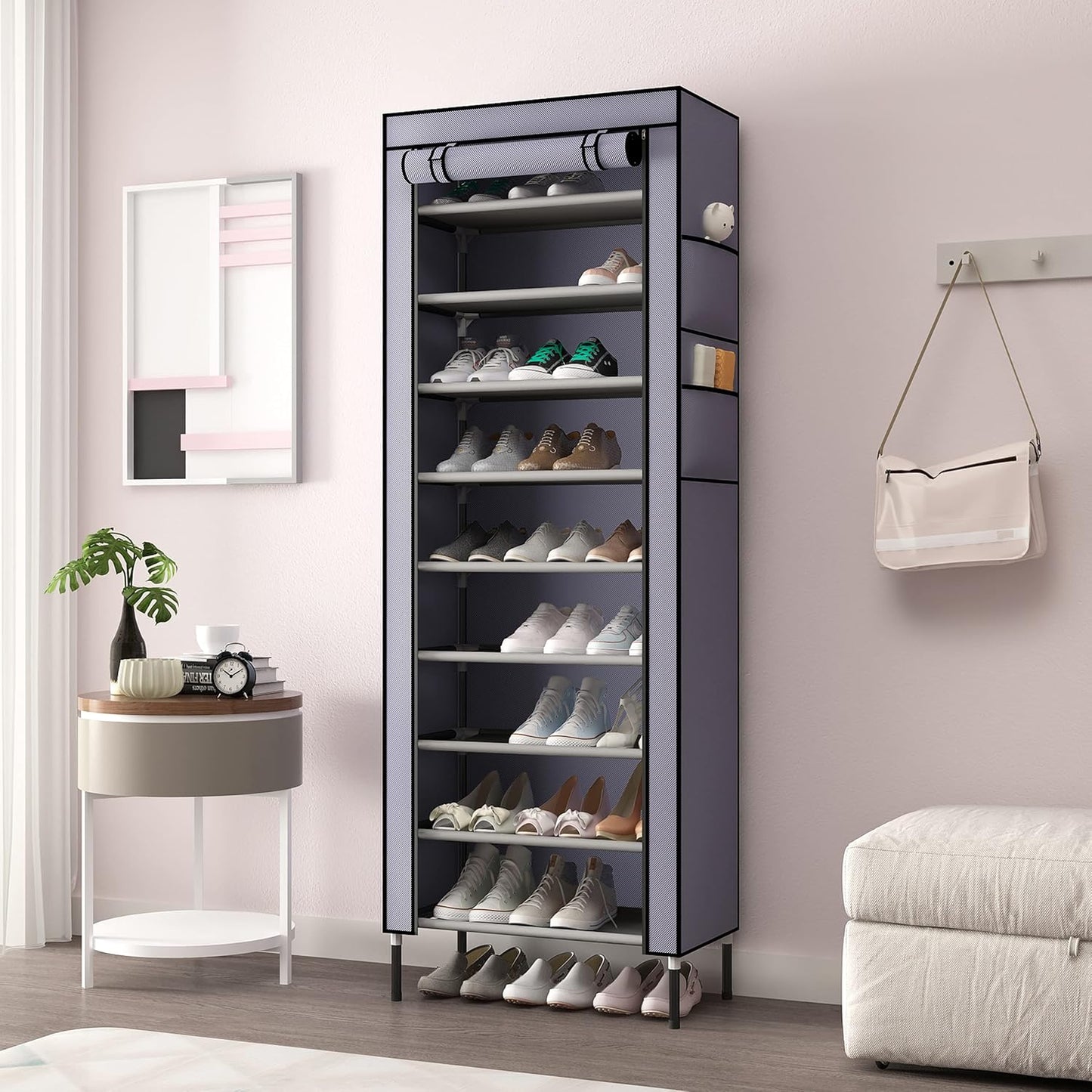 S203 10 Tiers 16mm Extra Thicken Poles Sturdy Shoe Cabinet Tower Storage Organizer Shoe Rack Stand 60 x 28 x 170cm with Extra Thicken 420D Oxford Fabric Dustproof Cover Hold Up To 30 Pairs