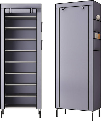S203 10 Tiers 16mm Extra Thicken Poles Sturdy Shoe Cabinet Tower Storage Organizer Shoe Rack Stand 60 x 28 x 170cm with Extra Thicken 420D Oxford Fabric Dustproof Cover Hold Up To 30 Pairs