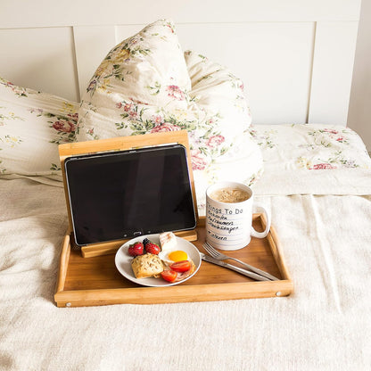 Relaxdays Bamboo Wooden Breakfast in Bed Tray, 50 x 30 x 23 cm Serving Tray With Folding Legs And Handles, Natural Brown