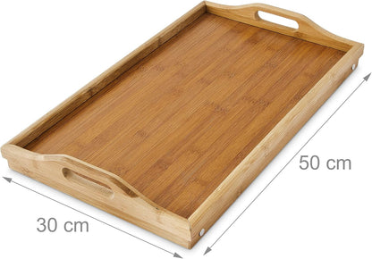 Relaxdays Bamboo Wooden Breakfast in Bed Tray, 50 x 30 x 23 cm Serving Tray With Folding Legs And Handles, Natural Brown
