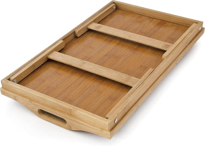 Relaxdays Bamboo Wooden Breakfast in Bed Tray, 50 x 30 x 23 cm Serving Tray With Folding Legs And Handles, Natural Brown