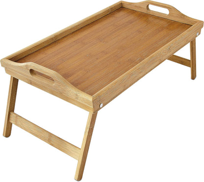 Relaxdays Bamboo Wooden Breakfast in Bed Tray, 50 x 30 x 23 cm Serving Tray With Folding Legs And Handles, Natural Brown