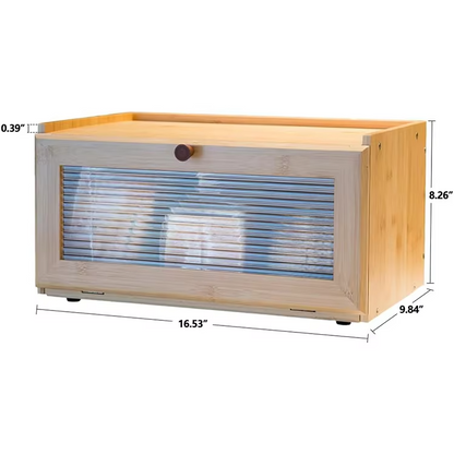 Bamboo Bread Box with Roll-Up Door, Natural Wood Kitchen Storage Organiser, 16.53" x 9.84" x 8.26