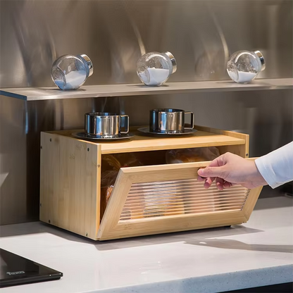 Bamboo Bread Box with Roll-Up Door, Natural Wood Kitchen Storage Organiser, 16.53" x 9.84" x 8.26