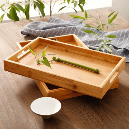 Bamboo Wooden Rectangular Tea Tray Solid Wood Tray Tea Cup Trays Stand Tray With Handle Wooden Hotel Dinner Plate Storage Tray