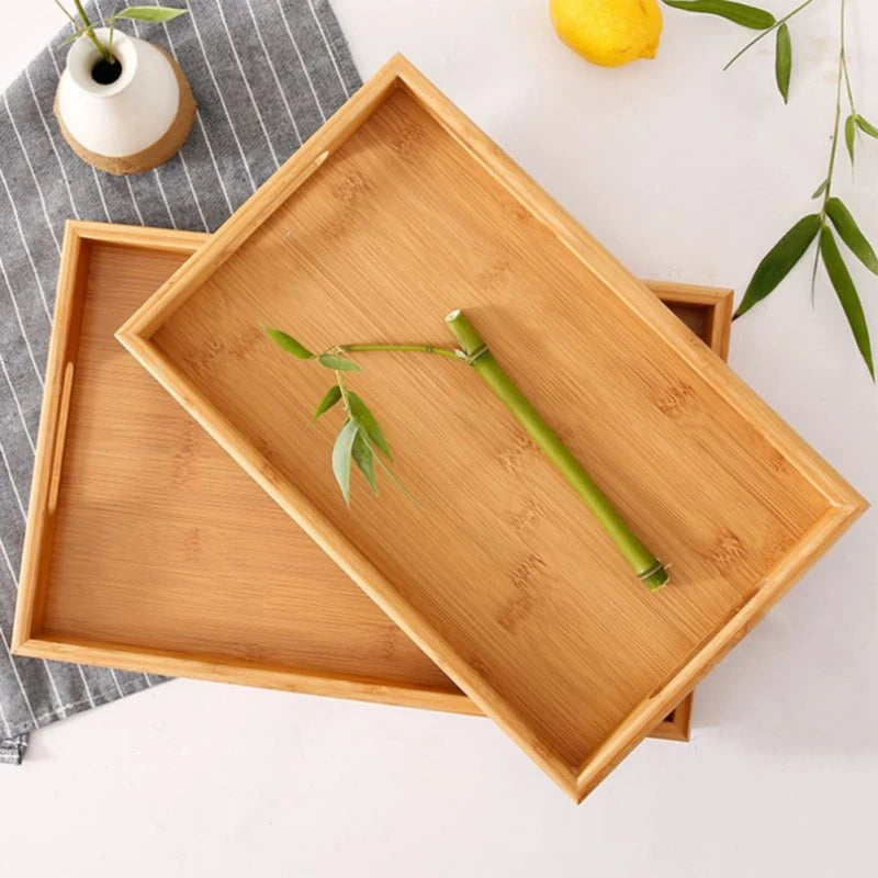 Bamboo Wooden Rectangular Tea Tray Solid Wood Tray Tea Cup Trays Stand Tray With Handle Wooden Hotel Dinner Plate Storage Tray