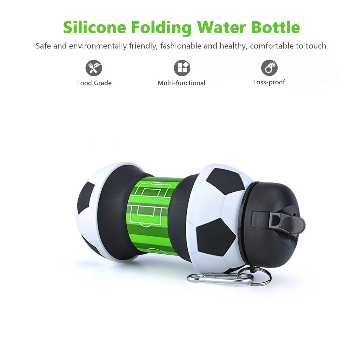 Silicone Collapsible Ball Water Bottle with Climbing Buckle, Drop and Leak Proof Outdoor Sports Mug, Black & White Soccer Style