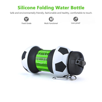 Silicone Collapsible Ball Water Bottle with Climbing Buckle, Drop and Leak Proof Outdoor Sports Mug, Black & White Soccer Style