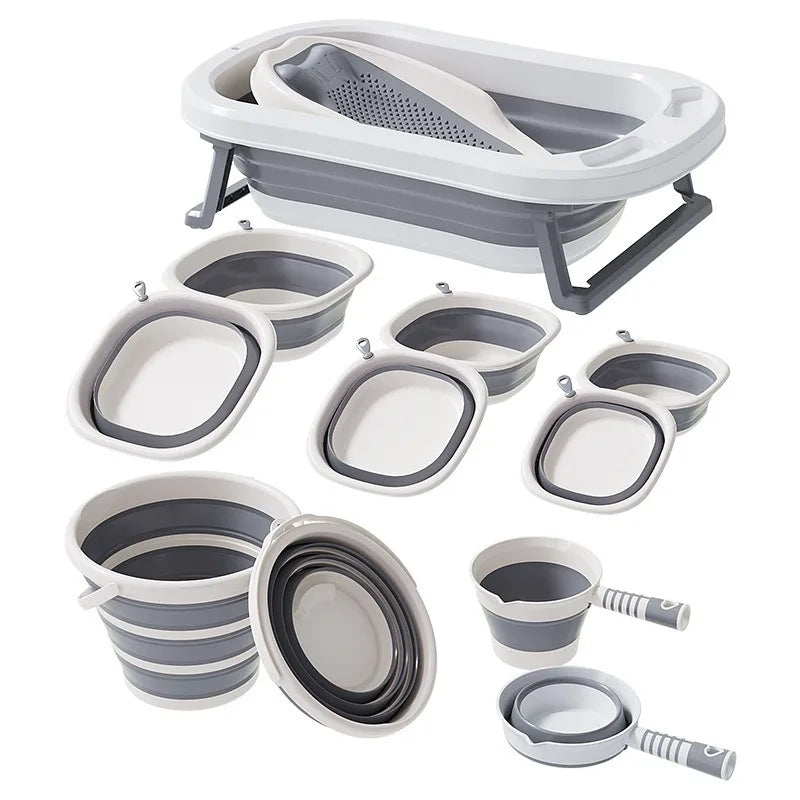 Foldable Baby Bath Tub Set 7 pcs with Temperature Sensor, Infant Bath Basin with Seat & Bowls