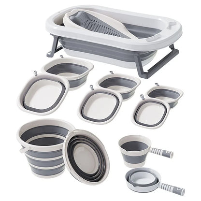 Foldable Baby Bath Tub Set 7 pcs with Temperature Sensor, Infant Bath Basin with Seat & Bowls