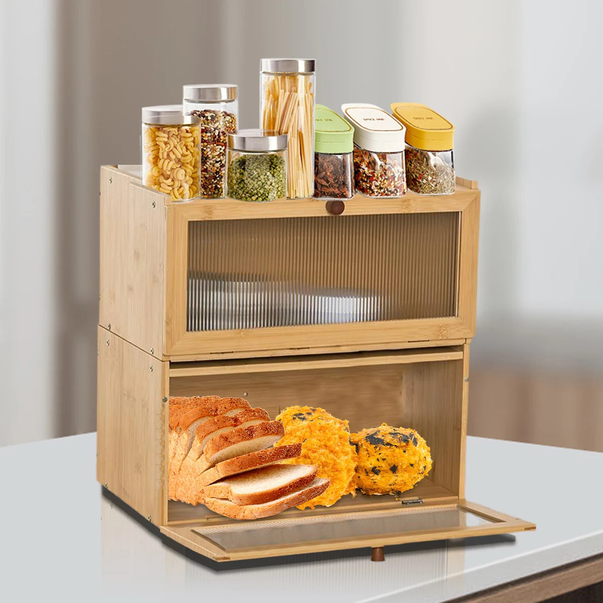 For Bamboo Large Bread Box - Acrylic Door Farmhouse Kitchen Storage (Bread/Spices, Top Shelf)