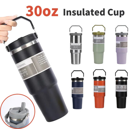 30oz Large Capacity Portable Car Cup Stainless Steel Thermos Cup with Straw & Handle Travel Sports Water Bottle Vacuum Flask